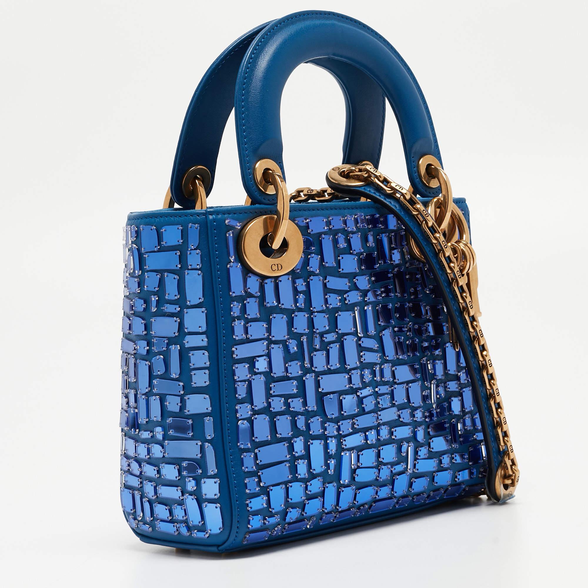 Dior Blue Leather Mini Mosaic of Mirrors Lady Dior Tote In Excellent Condition In Dubai, Al Qouz 2