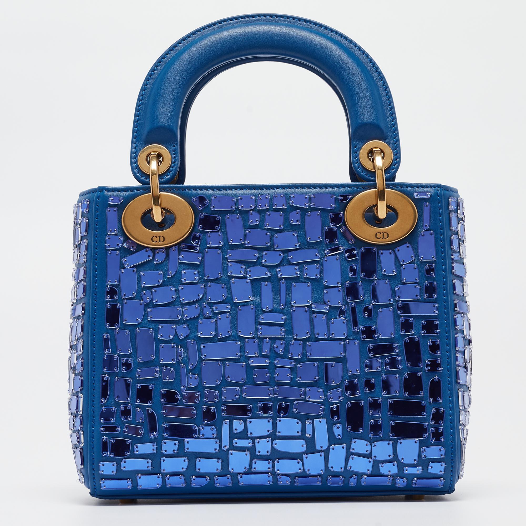 Dior Blue Leather Mini Mosaic of Mirrors Lady Dior Tote 2