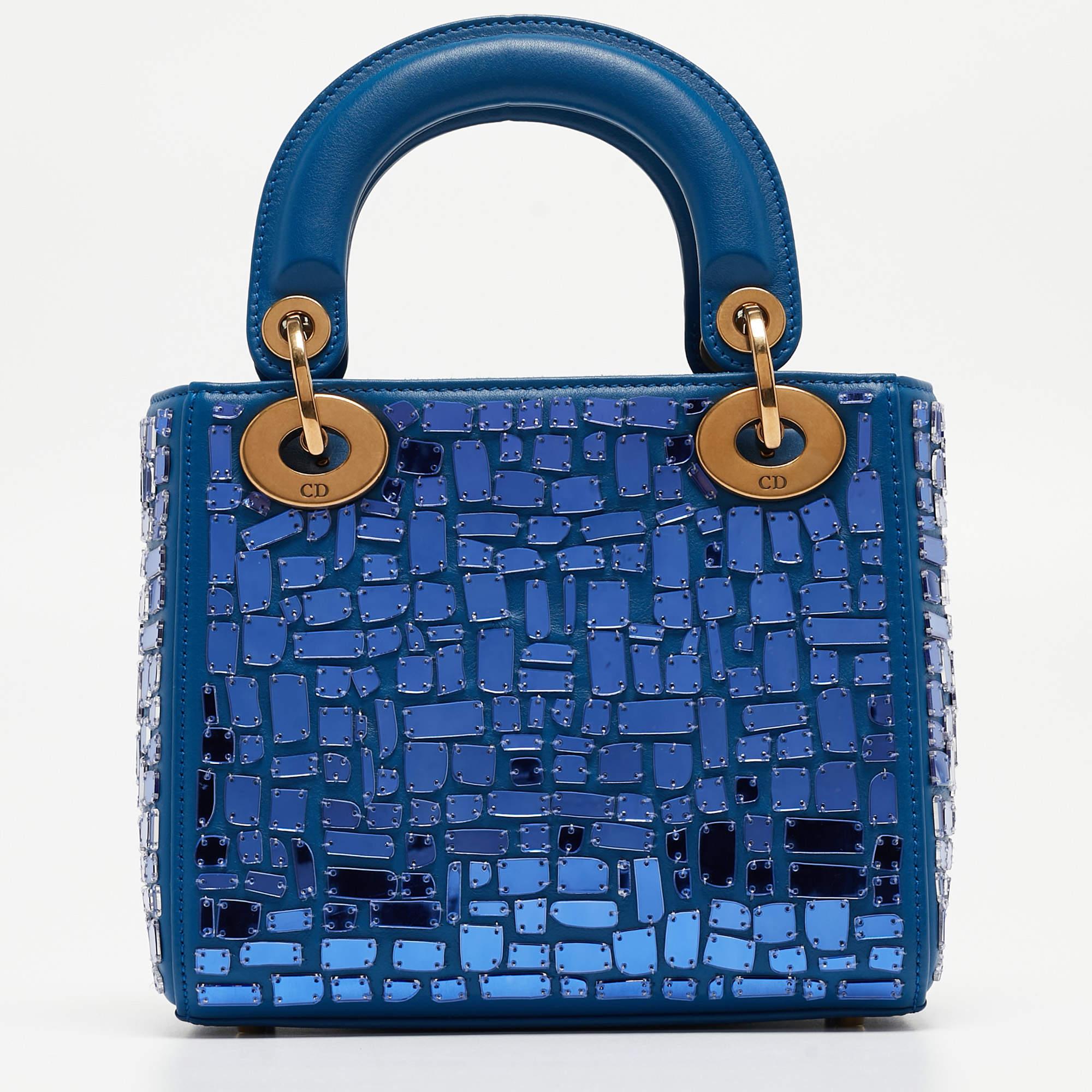 Dior Blue Leather Mini Mosaic of Mirrors Lady Dior Tote 3