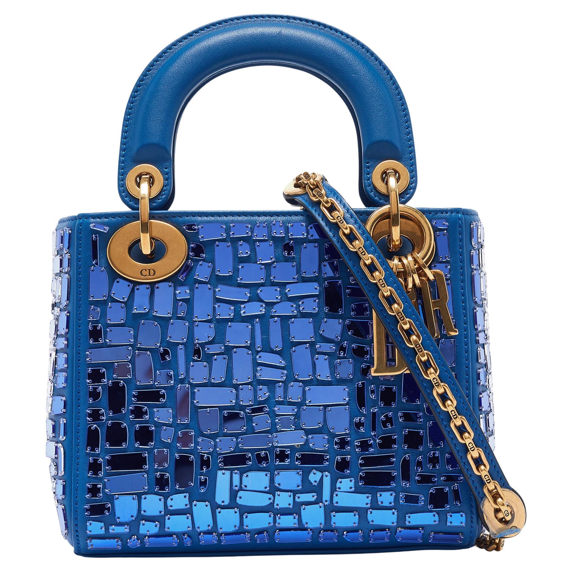 Dior Blue Leather Mini Mosaic of Mirrors Lady Dior Tote