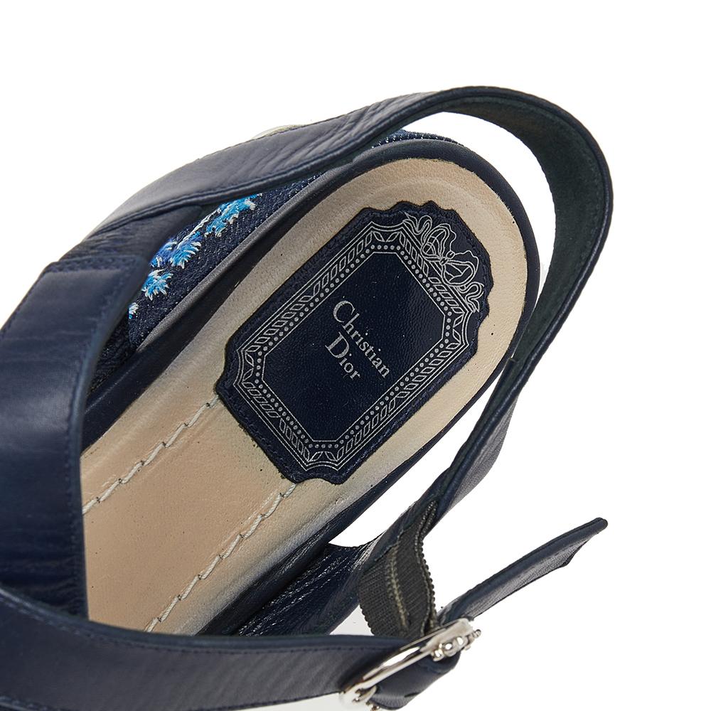 Black Dior Blue Leather Prairie Embroidered Denim Platform Sandals Size 40