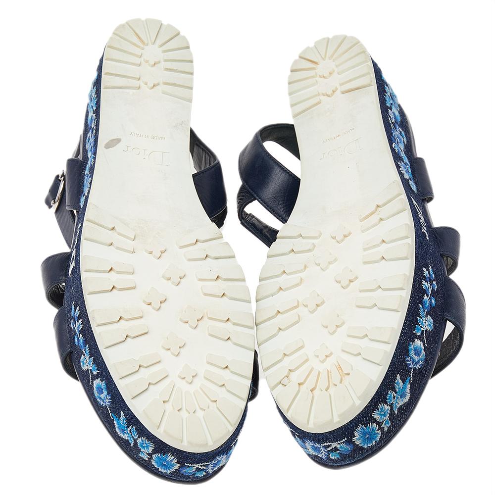 Women's Dior Blue Leather Prairie Embroidered Denim Platform Sandals Size 40