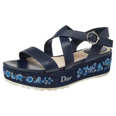 Dior Blue Leather Prairie Embroidered Denim Platform Sandals Size 40