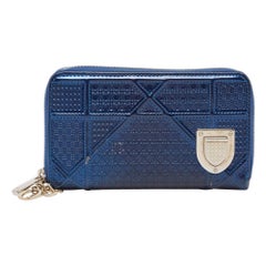Dior Blue Micro Cannage Patent Leather Diorama Zip Around Wallet
