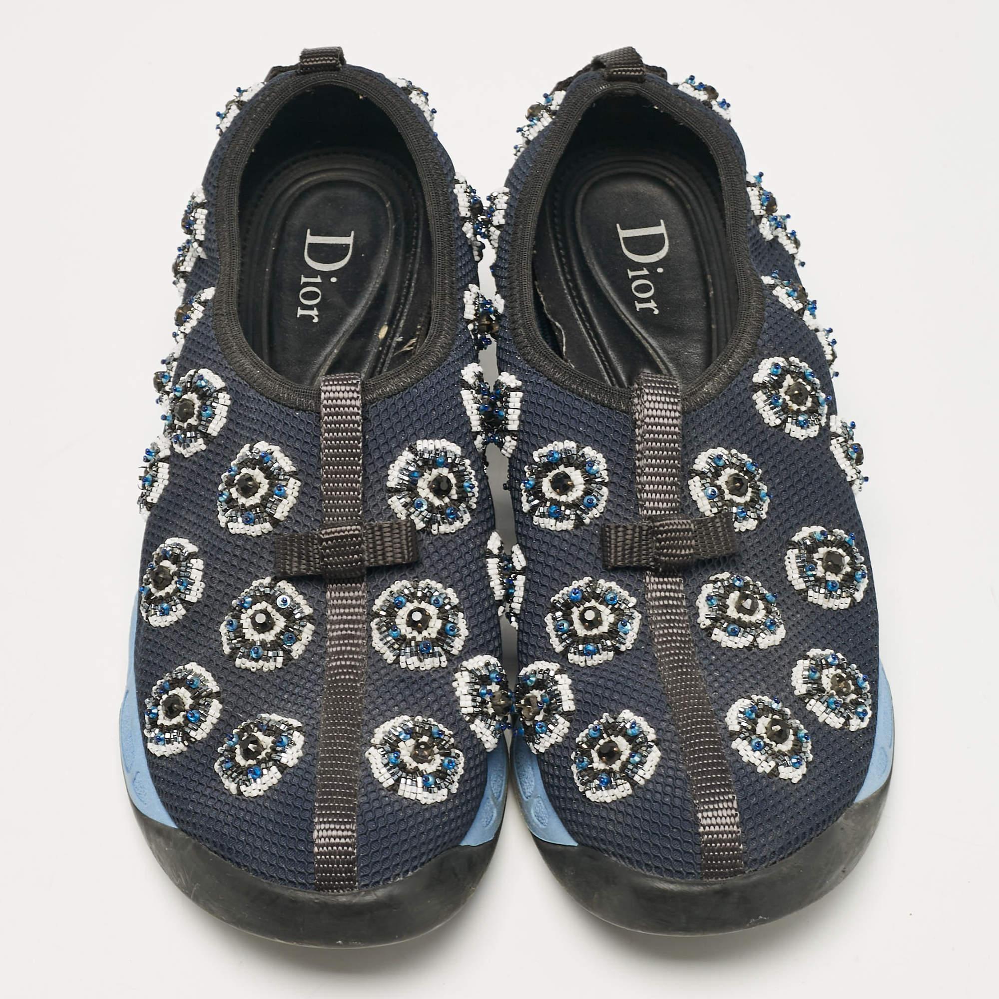 Black Dior Blue/Navy Blue  Mesh Crystal Embellished Fusion Sneakers Size 37.5