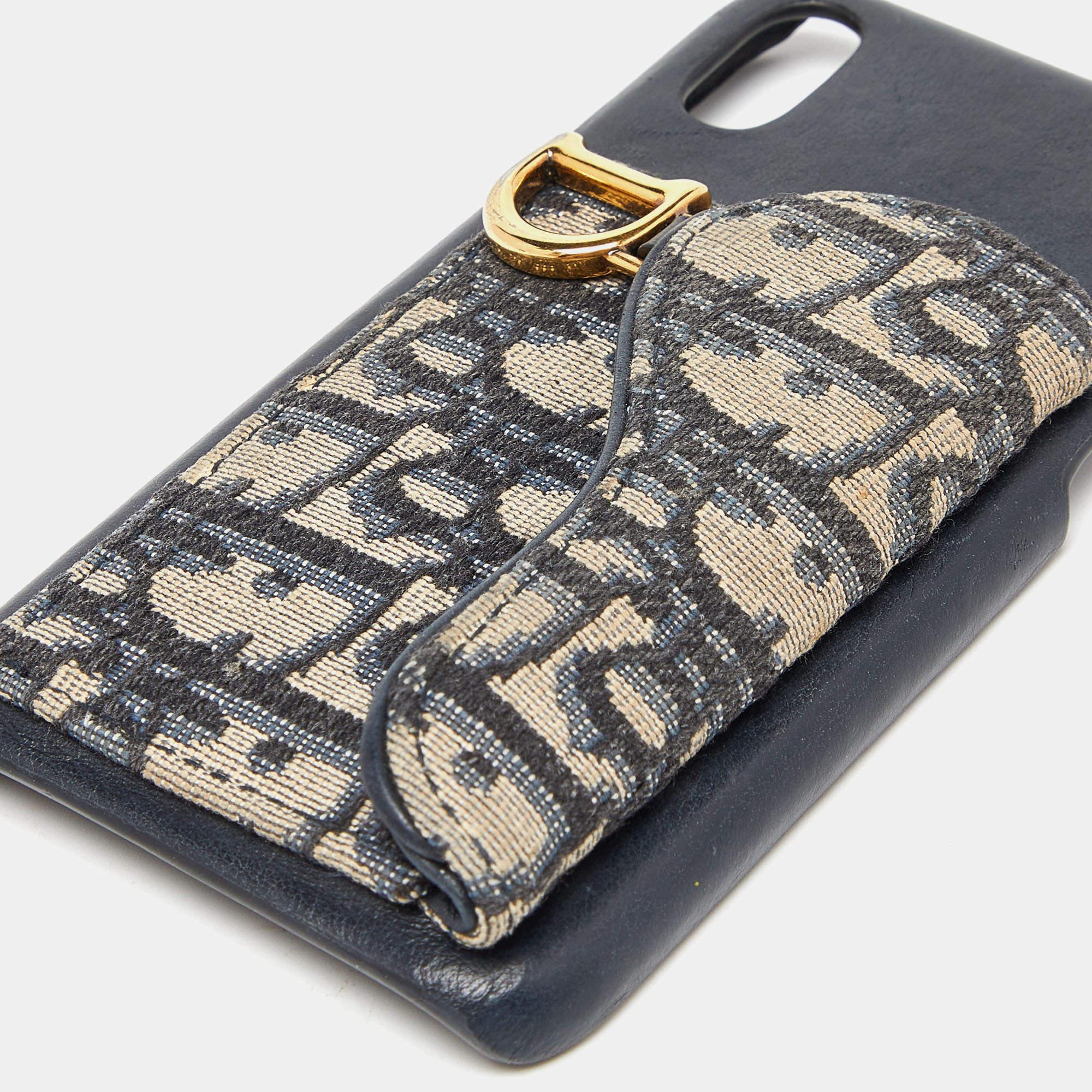 Donna Custodia per iPhone X in tela e pelle blu obliqua Dior in vendita