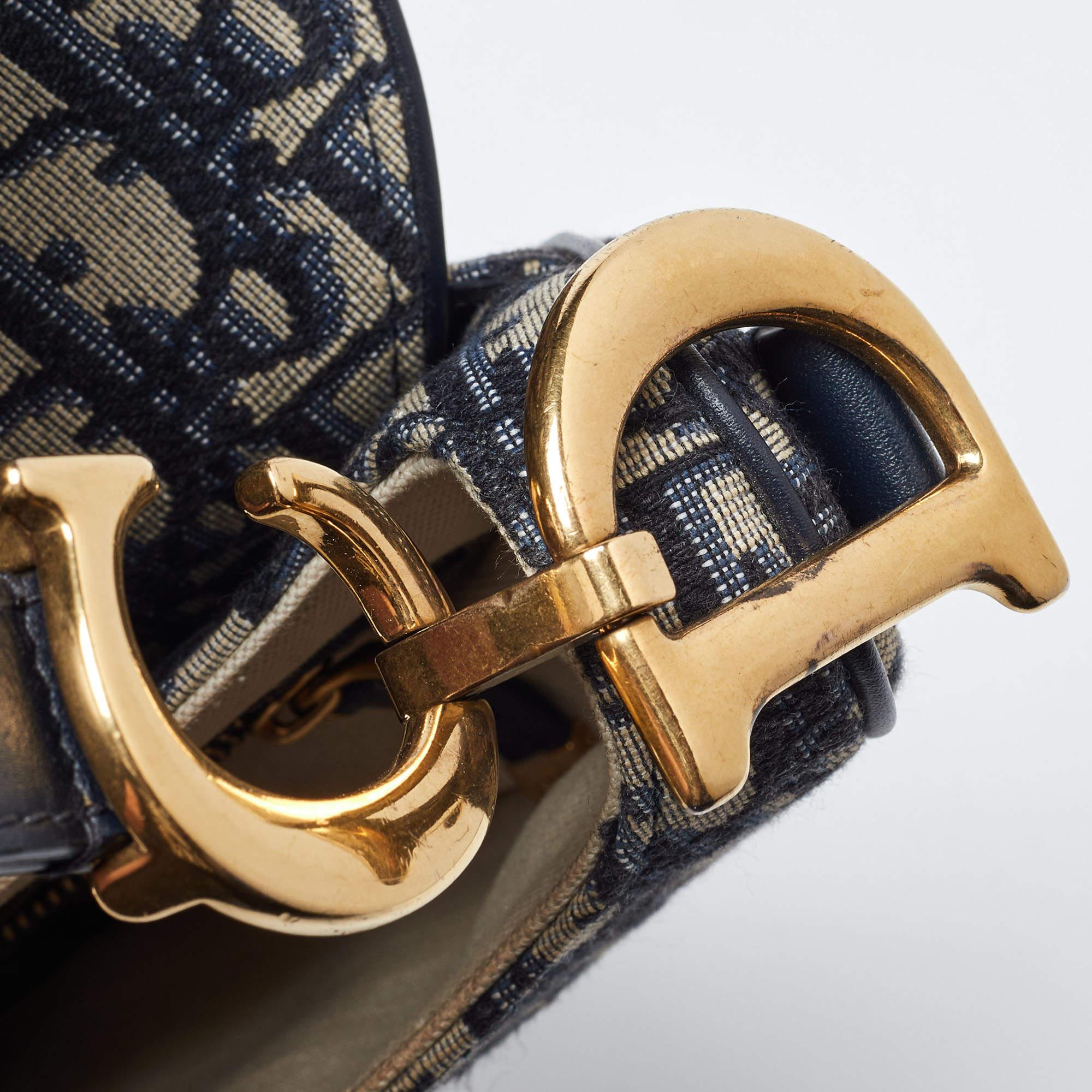 Dior Blue Oblique Canvas and Leather Saddle Bag In Good Condition In Dubai, Al Qouz 2