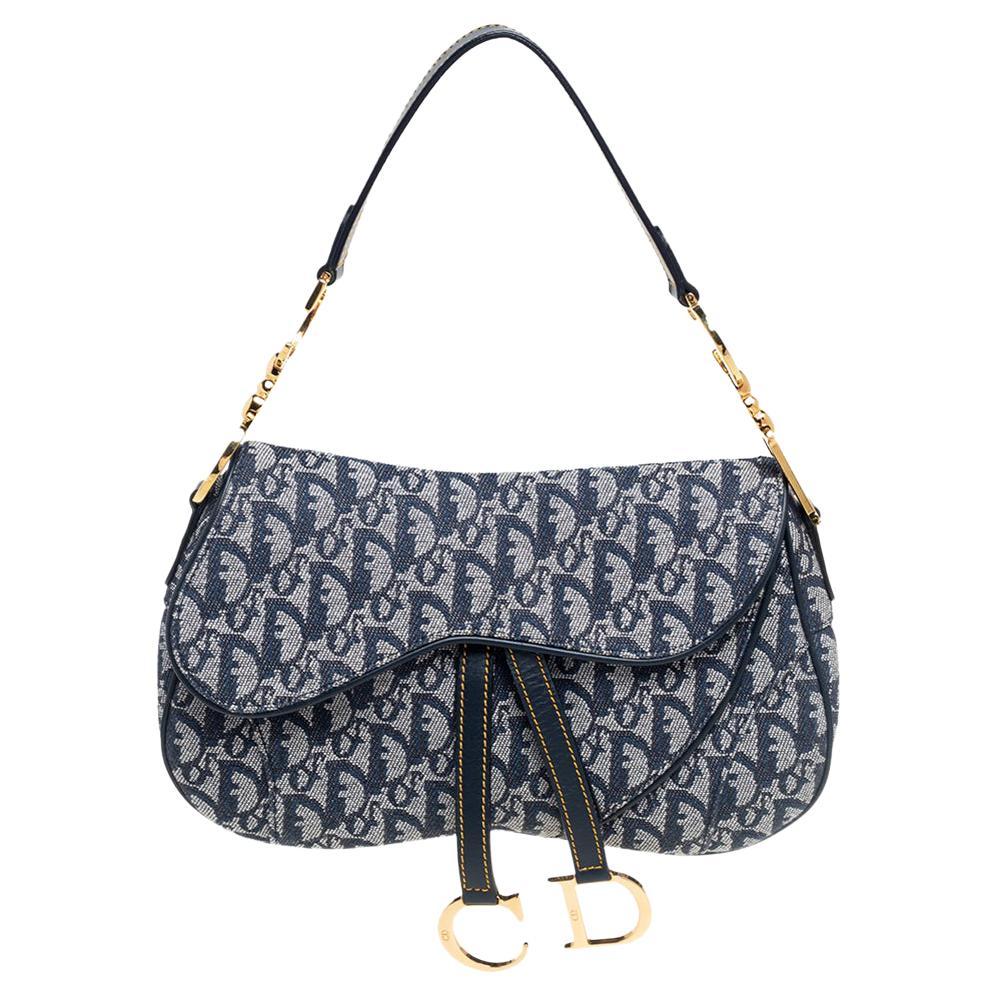Dior Blue Oblique Canvas Double Saddle Bag