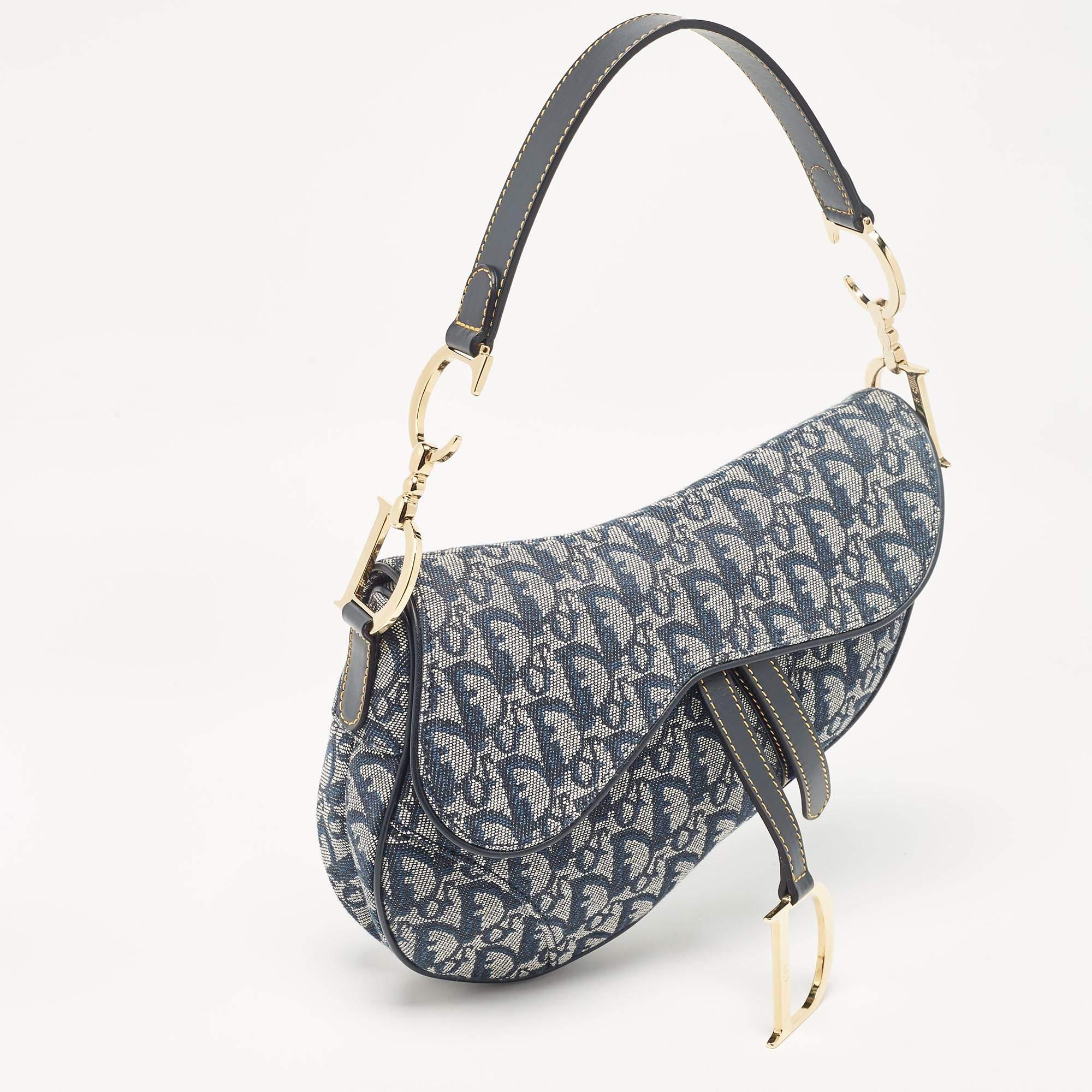 Gray Dior Blue Oblique Canvas Saddle Bag