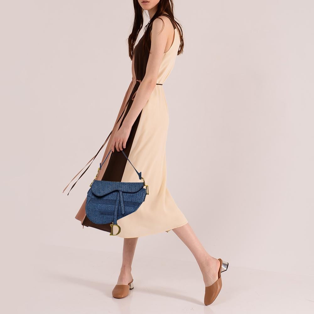 Gray Dior Blue Oblique Denim Saddle Bag