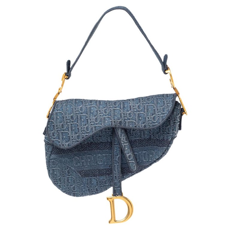 CHRISTIAN DIOR Oblique Embroidered Saddle Bag Denim Blue