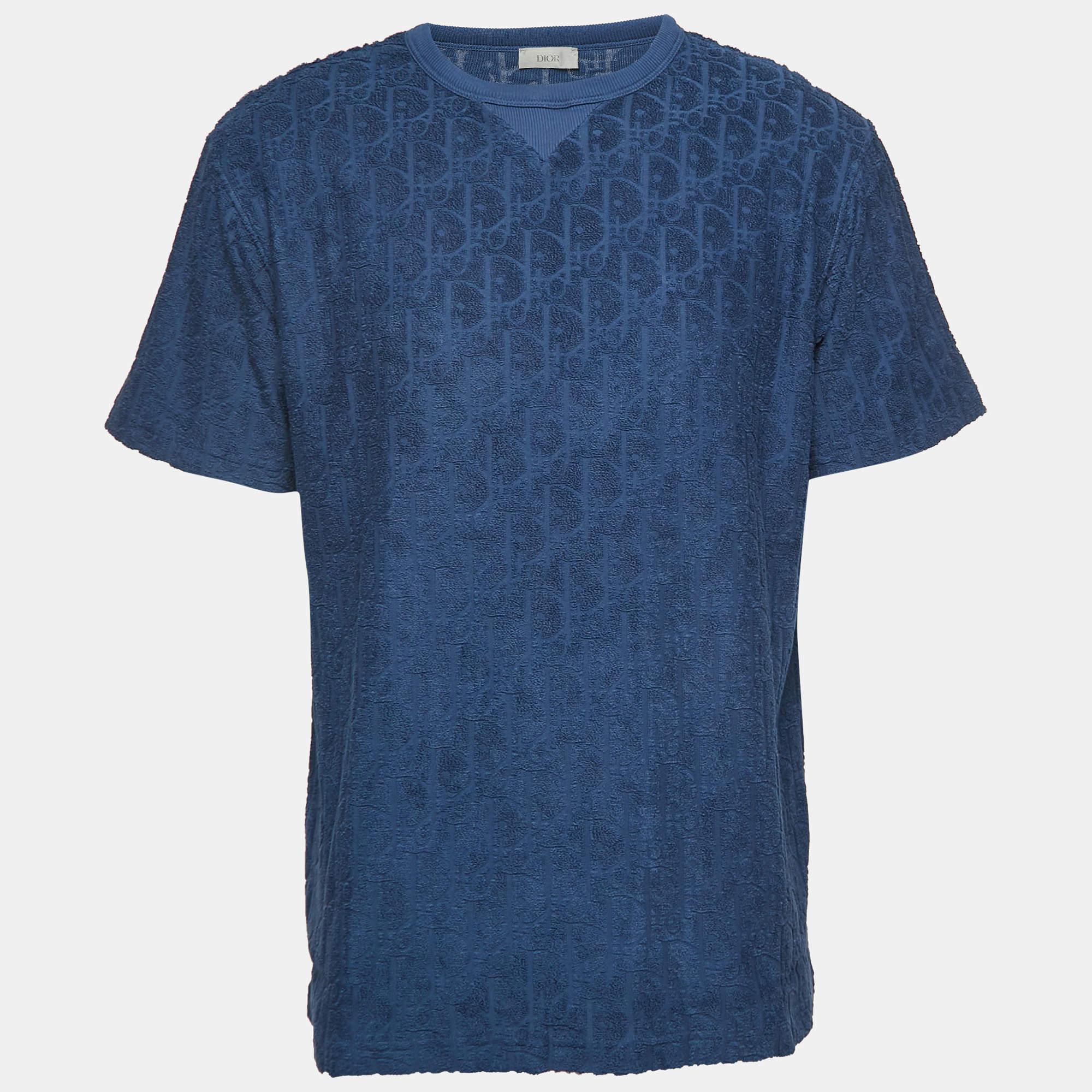Dior Blue Oblique Jacquard Terry Cotton Relaxed Fit T-Shirt M In Good Condition In Dubai, Al Qouz 2