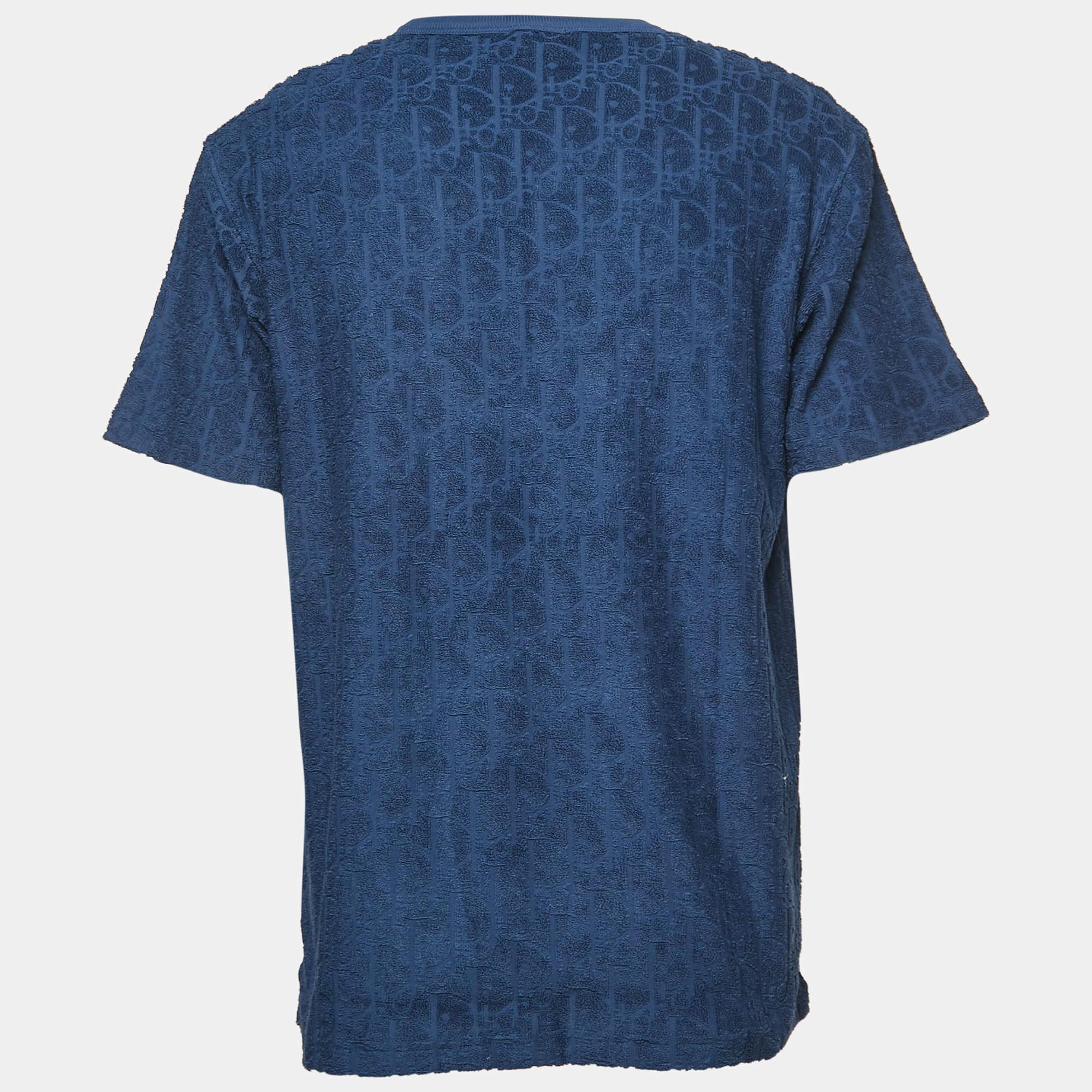 Men's Dior Blue Oblique Jacquard Terry Cotton Relaxed Fit T-Shirt M