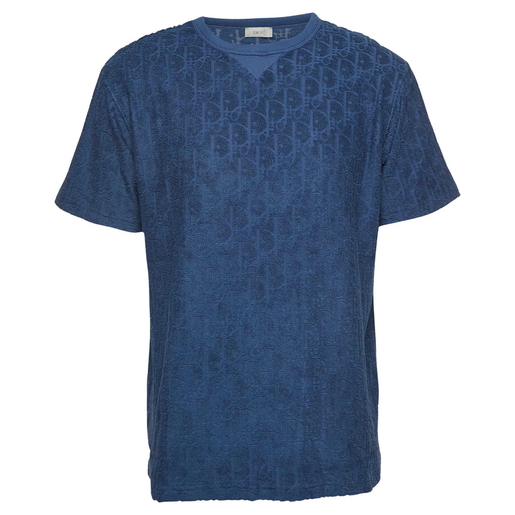 Dior Blue Oblique Jacquard Terry Cotton Relaxed Fit T-Shirt M