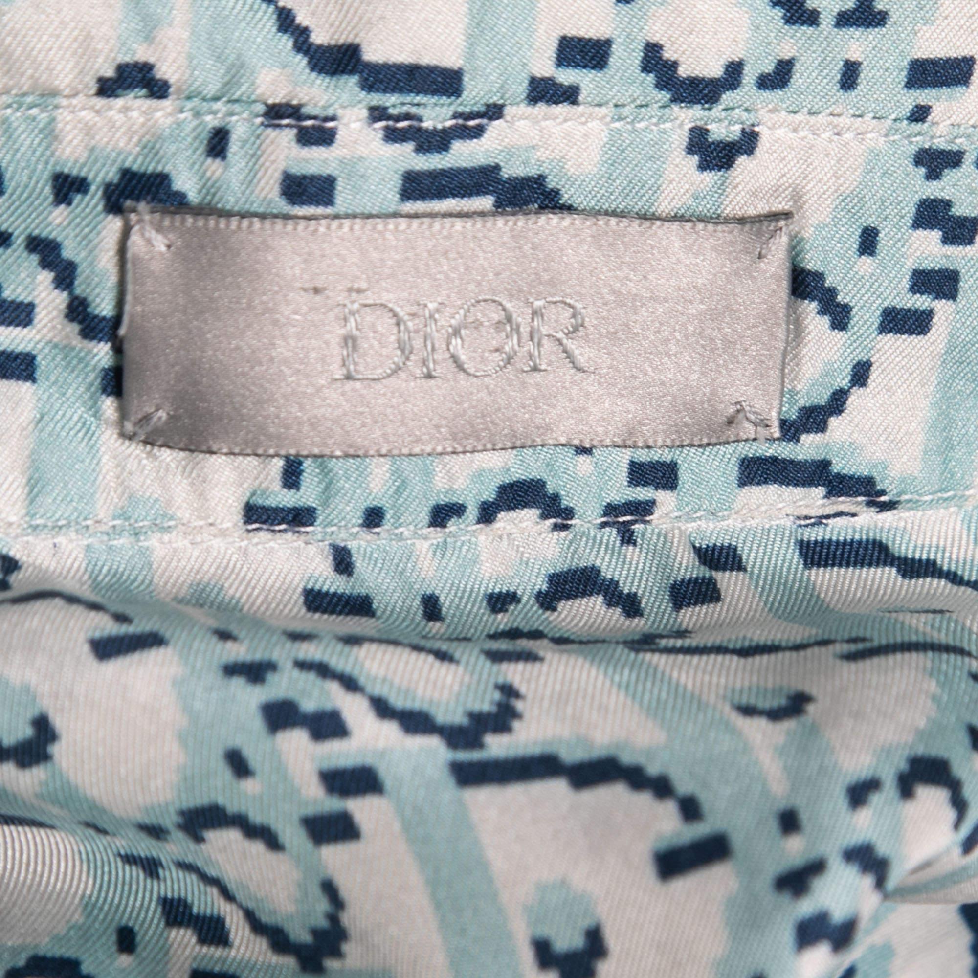 Men's Dior Blue Oblique Silk Button Front Hawaiian Shirt XXL