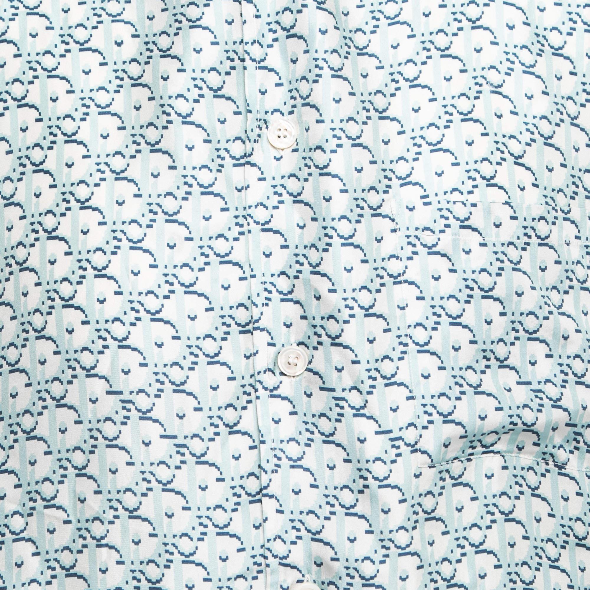 Dior Blue Oblique Silk Button Front Hawaiian Shirt XXL 1