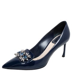 Dior Blue Patent Leather Crystal Embellished Pointed Toe Pumps Size 37