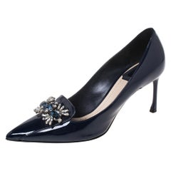 Dior Blue Patent Leather Dianeme Crystal Embellished Pointed Toe Pumps Size 35.5