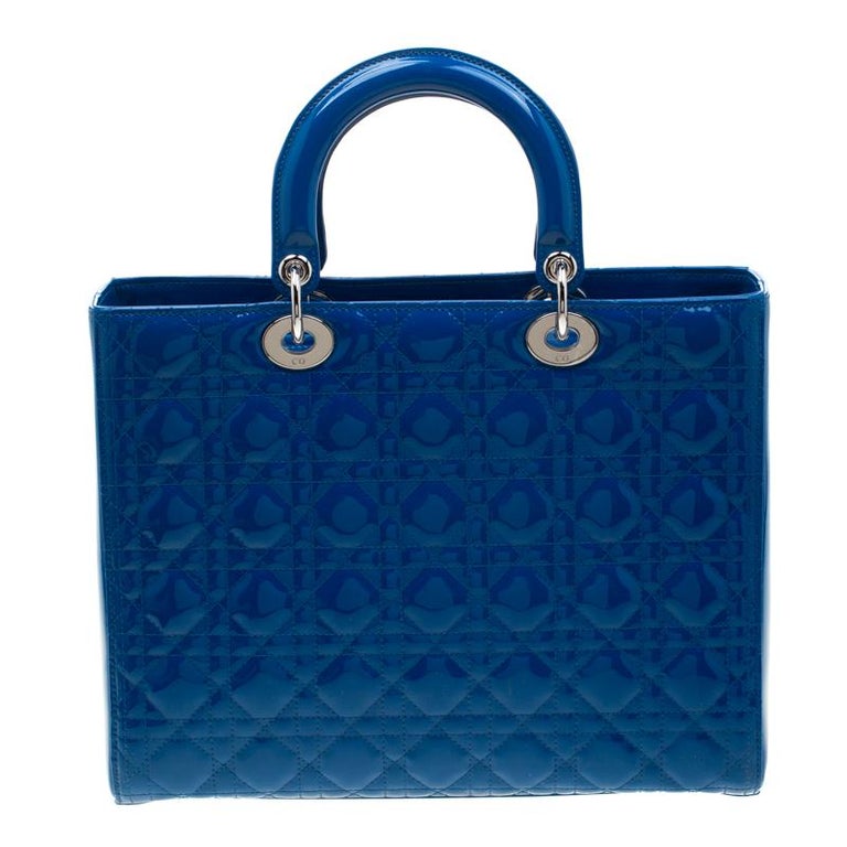 Dior Blue Patent Leather Large Lady Dior Tote For Sale at 1stDibs