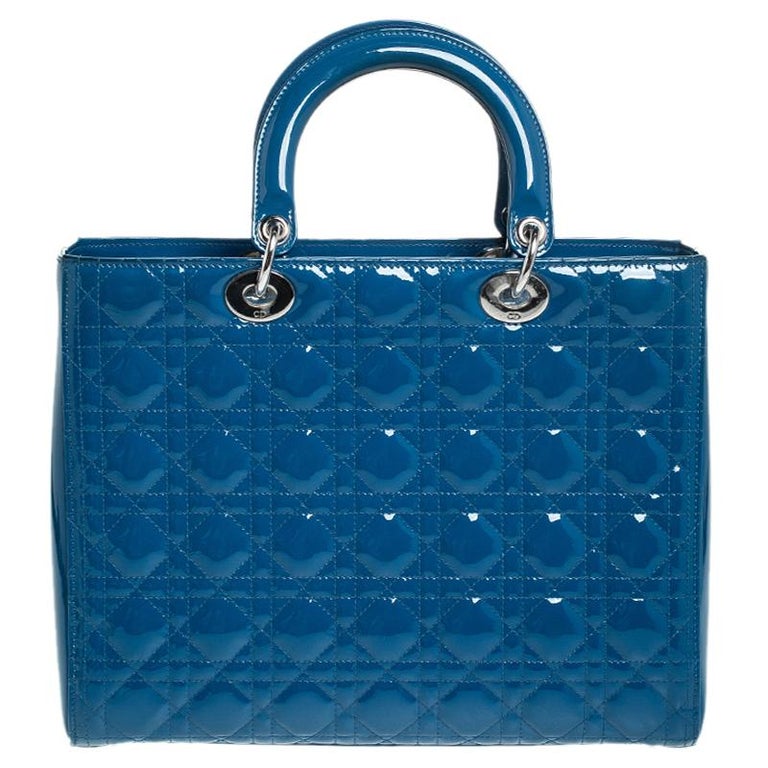 Dior Blue Patent Leather Large Lady Dior Tote For Sale at 1stDibs