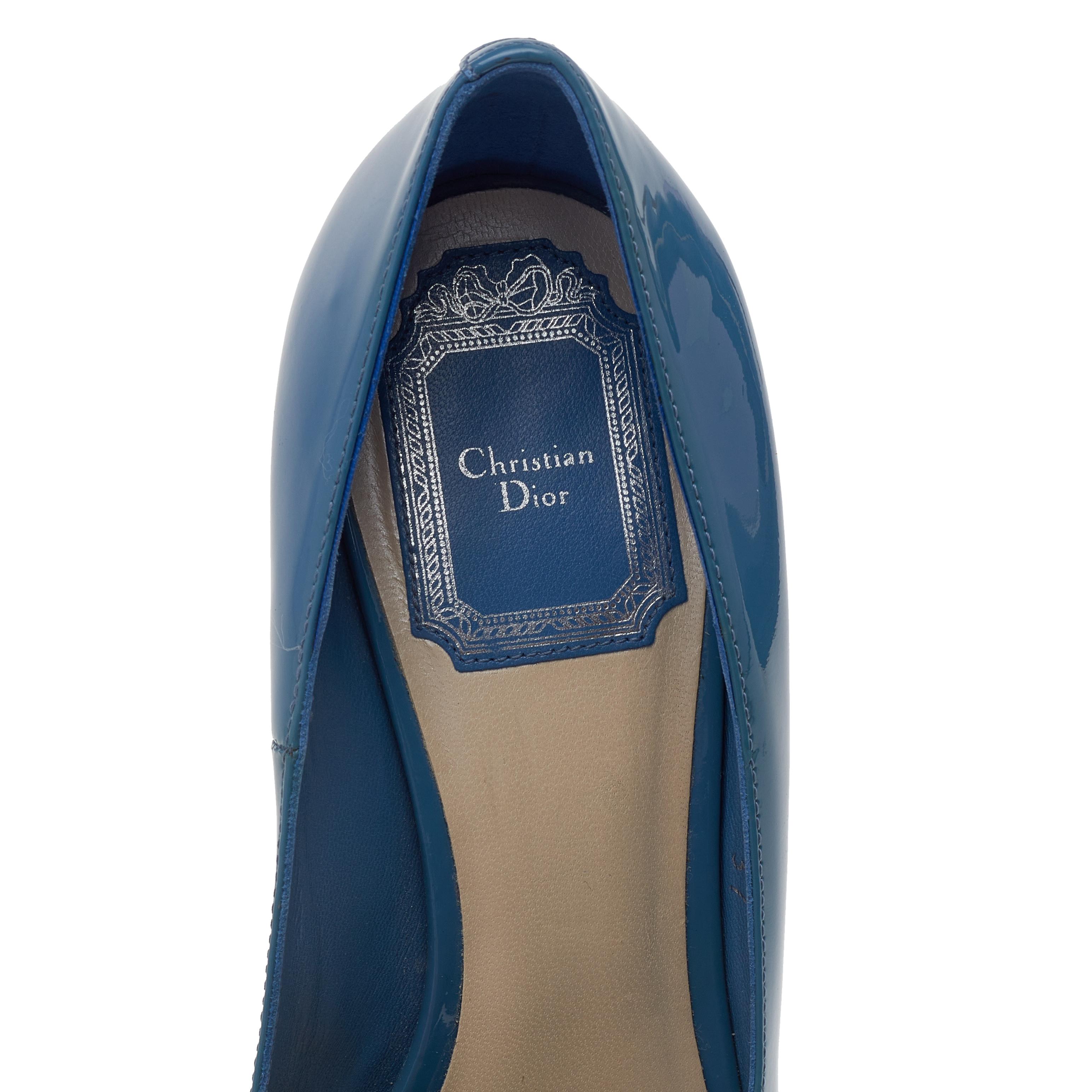 Women's Dior Blue Patent Leather Miss Dior Peep Toe Platform Pumps Size 37