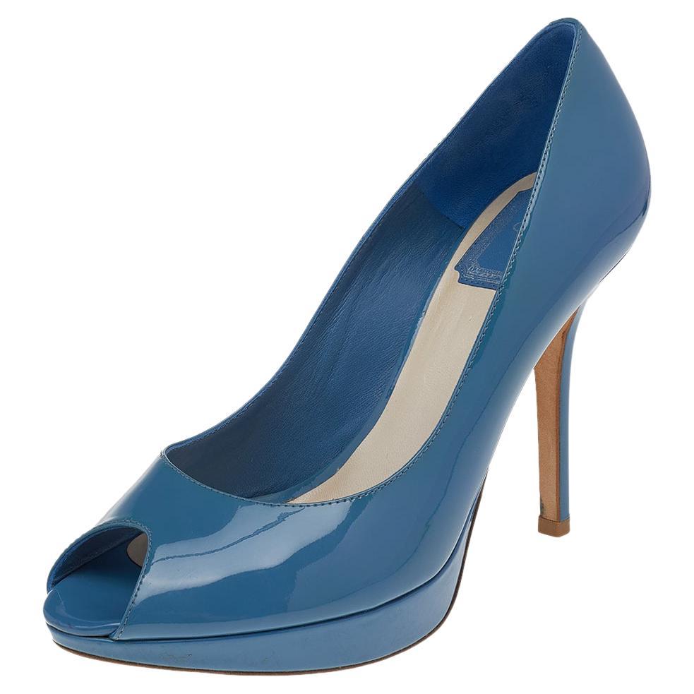 Dior Blue Patent Leather Miss Dior Peep Toe Platform Pumps Size 37