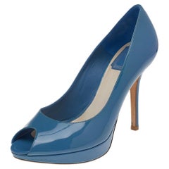 Dior Blue Patent Leather Miss Dior Peep Toe Platform Pumps Size 37