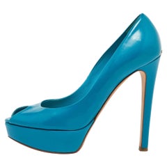 Miss Dior in pelle verniciata blu con piattaforma Peep Toe Taglia 38.5