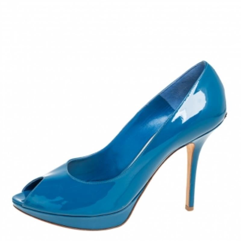 Dior Blue Patent Leather Miss Dior Peep Toe Platform Pumps Size 41 In Good Condition For Sale In Dubai, Al Qouz 2