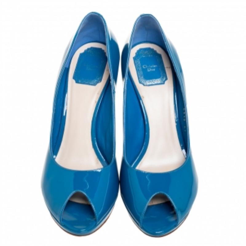 Dior Blue Patent Leather Miss Dior Peep Toe Platform Pumps Size 41 For Sale 1