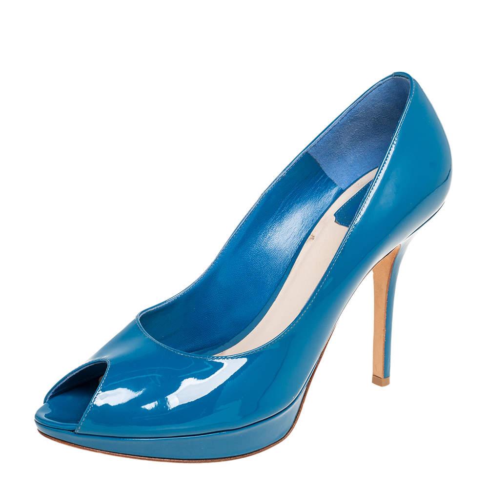 Dior Blue Patent Leather Miss Dior Peep Toe Platform Pumps Size 41 For Sale 1