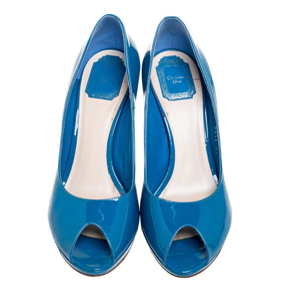 Dior Blue Patent Leather Miss Dior Peep Toe Platform Pumps Size 41 For Sale 2