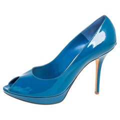 Used Dior Blue Patent Leather Miss Dior Peep Toe Platform Pumps Size 41