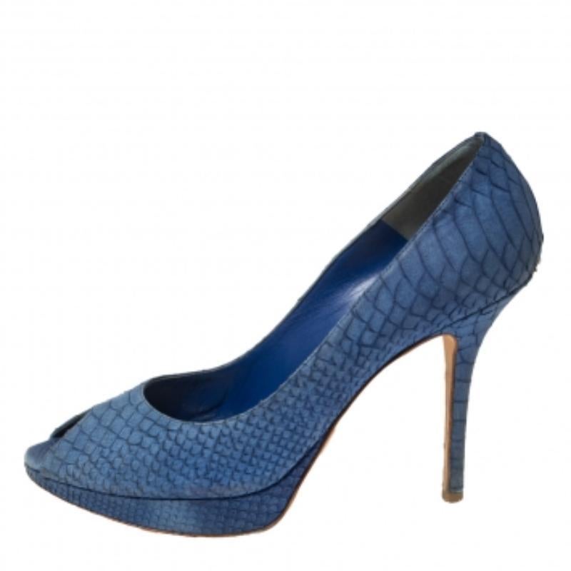 Dior Blue Python Embossed Leather Miss Dior Peep-Toe Pumps Size 41 In Fair Condition In Dubai, Al Qouz 2