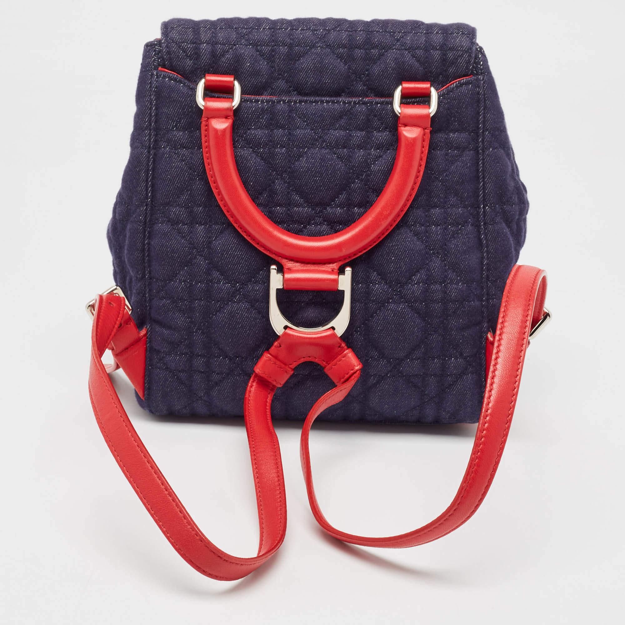 Dior Blue/Red Cannage Denim Small Stardust Backpack In Good Condition In Dubai, Al Qouz 2