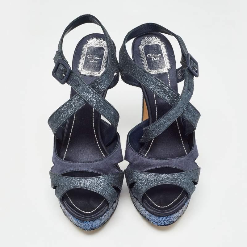 Bleu Sandales à lanières à plateforme Dior bleues et paillettes, taille 40 en vente