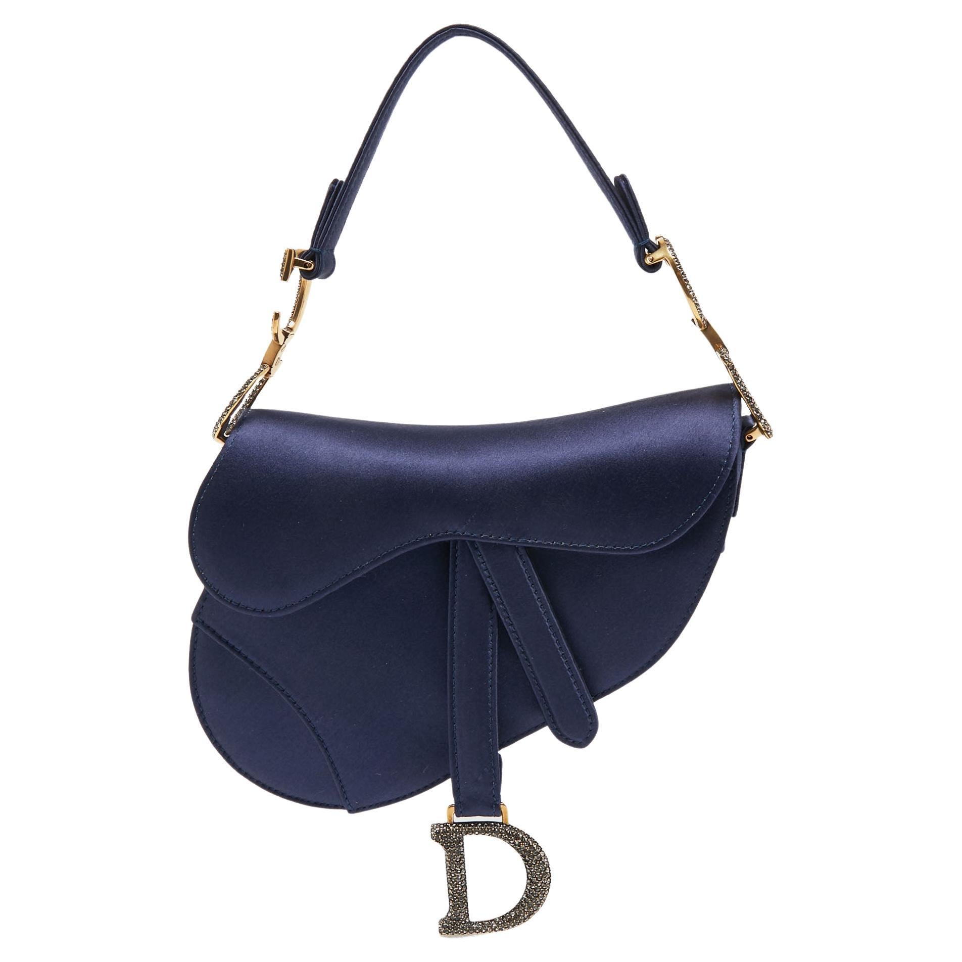 Dior Blue Satin Mini Crystal Embellished Logo Saddle Bag