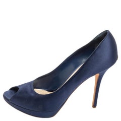Dior Blue Satin Miss Dior Peep Toe Platform Pumps Size 40.5