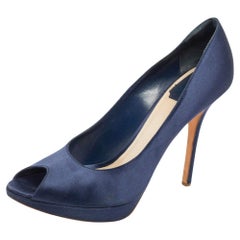 Dior Blue Satin Miss Dior Peep Toe Platform Pumps Size 40.5