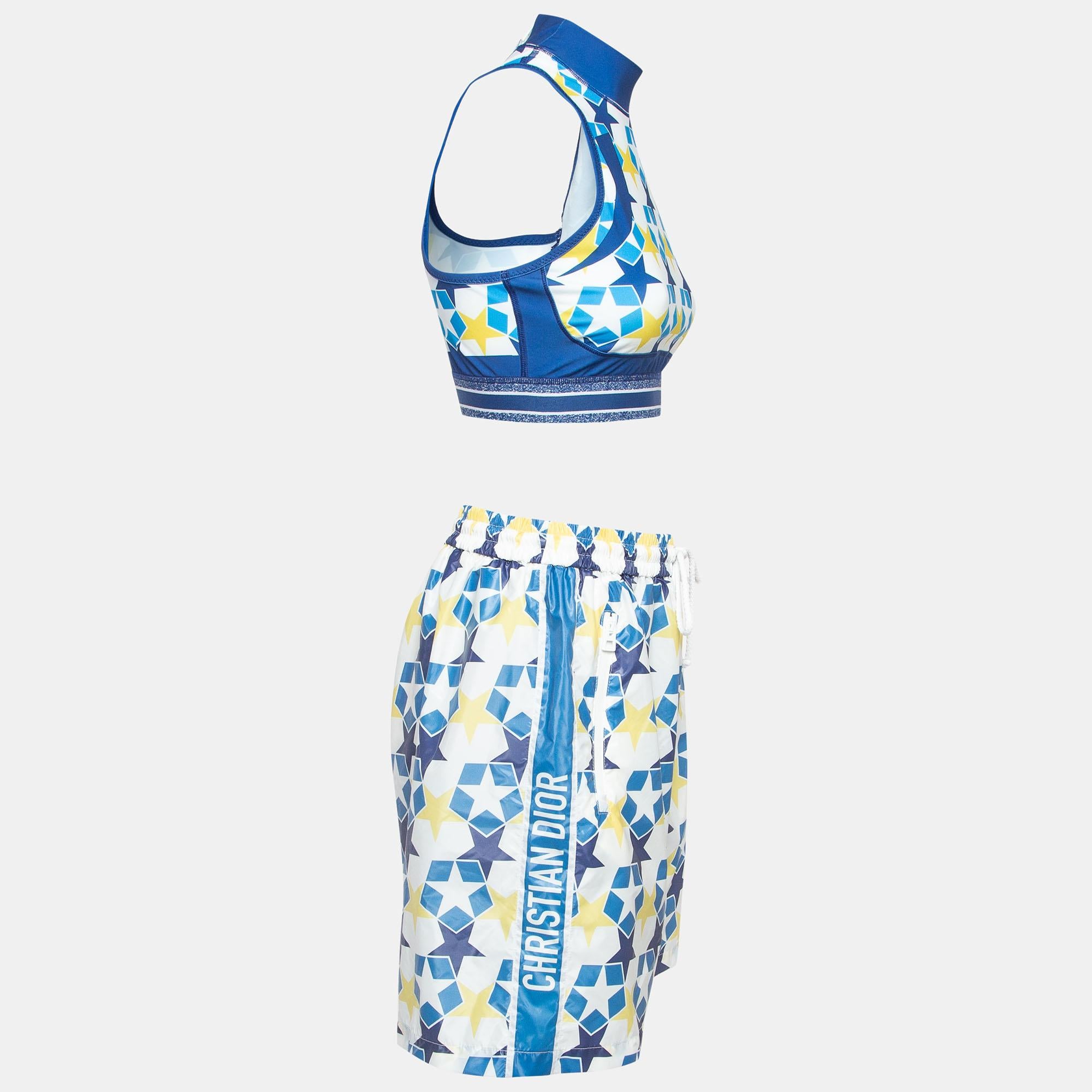 Dior Blue Stars Printed Jersey and Nylon Crop Top and Shorts Set M In Good Condition For Sale In Dubai, Al Qouz 2