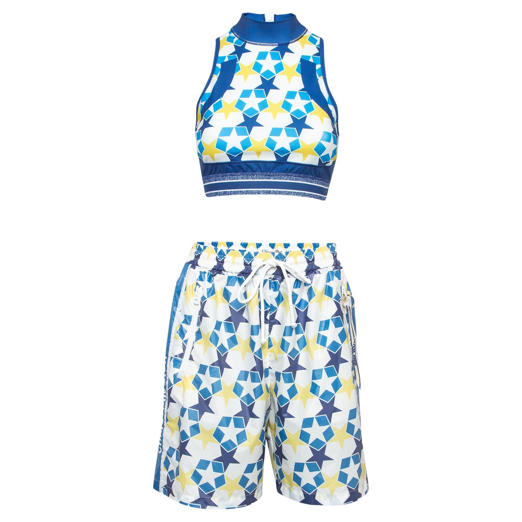 Dior Blue Stars Printed Jersey and Nylon Crop Top and Shorts Set M For Sale