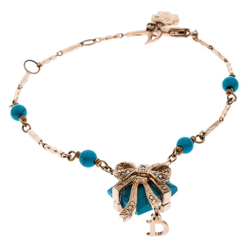 Contemporary Dior Blue Stone Crystal Antique Gold Tone Bracelet