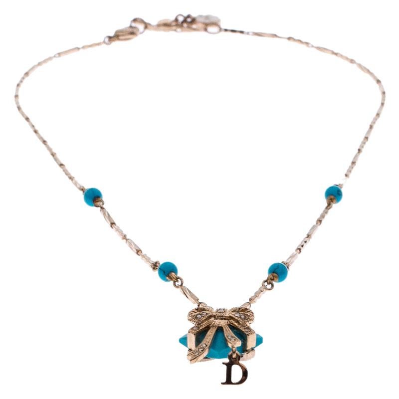 Contemporary Dior Blue Stone Crystal Antique Gold Tone Necklace