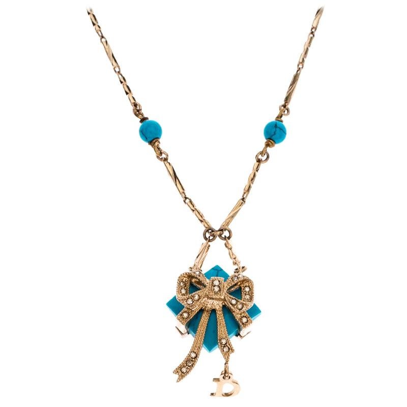 Dior Blue Stone Crystal Antique Gold Tone Necklace