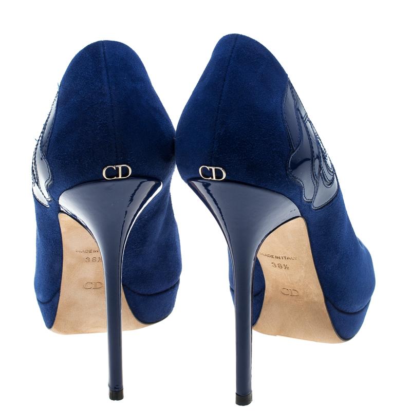 Black Dior Blue Suede and Patent Leather Miss Dior Peep Toe Platform Pumps Size 38.5
