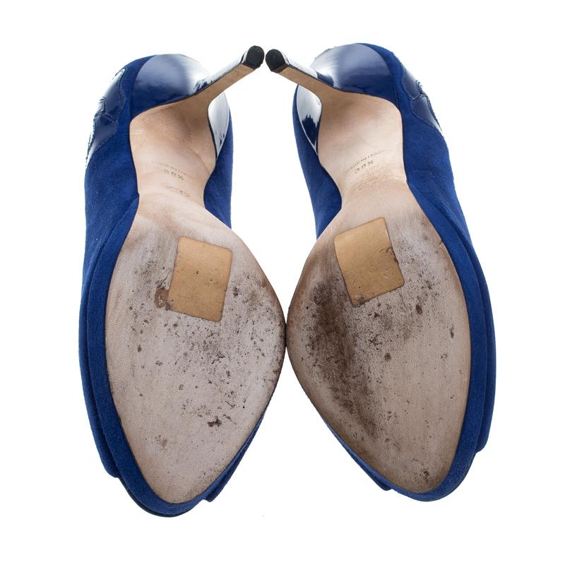 Dior Blue Suede and Patent Leather Miss Dior Peep Toe Platform Pumps Size 38.5 In Good Condition In Dubai, Al Qouz 2