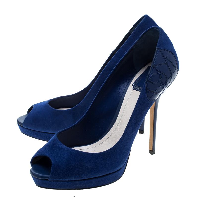 Women's Dior Blue Suede and Patent Leather Miss Dior Peep Toe Platform Pumps Size 38.5
