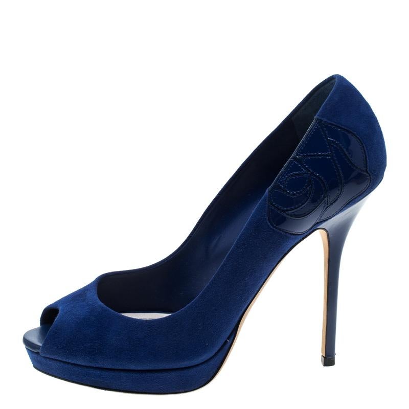 Dior Blue Suede and Patent Leather Miss Dior Peep Toe Platform Pumps Size 38.5 2