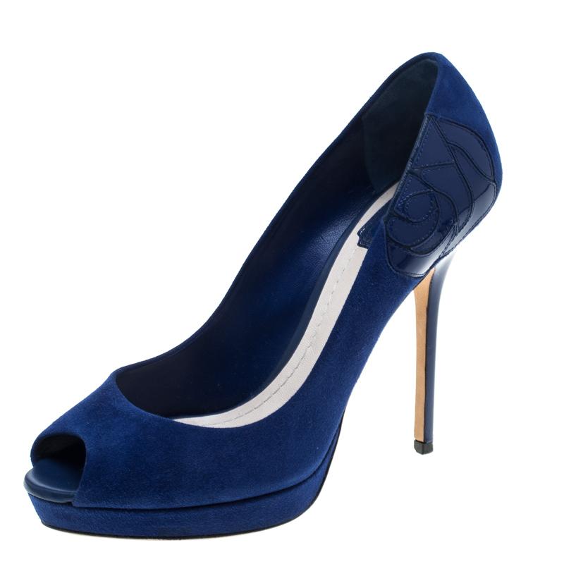 Dior Blue Suede and Patent Leather Miss Dior Peep Toe Platform Pumps ...