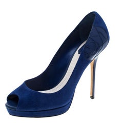 Dior Blue Suede and Patent Leather Miss Dior Peep Toe Platform Pumps Size 38.5